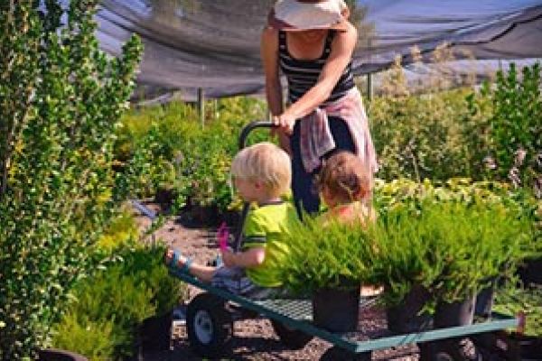 children exploring plant nursery with owner Christie